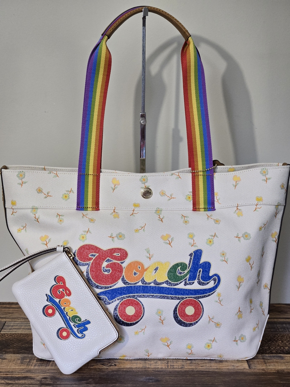 Coach Canvas Tote With Rainbow Skater Print And Wristlet